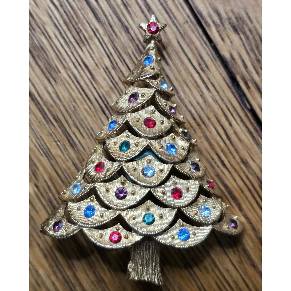Vintage‎ JJ Jonette Christmas Tree Brooch Pin Signed Gold Tone Rhinestones Star